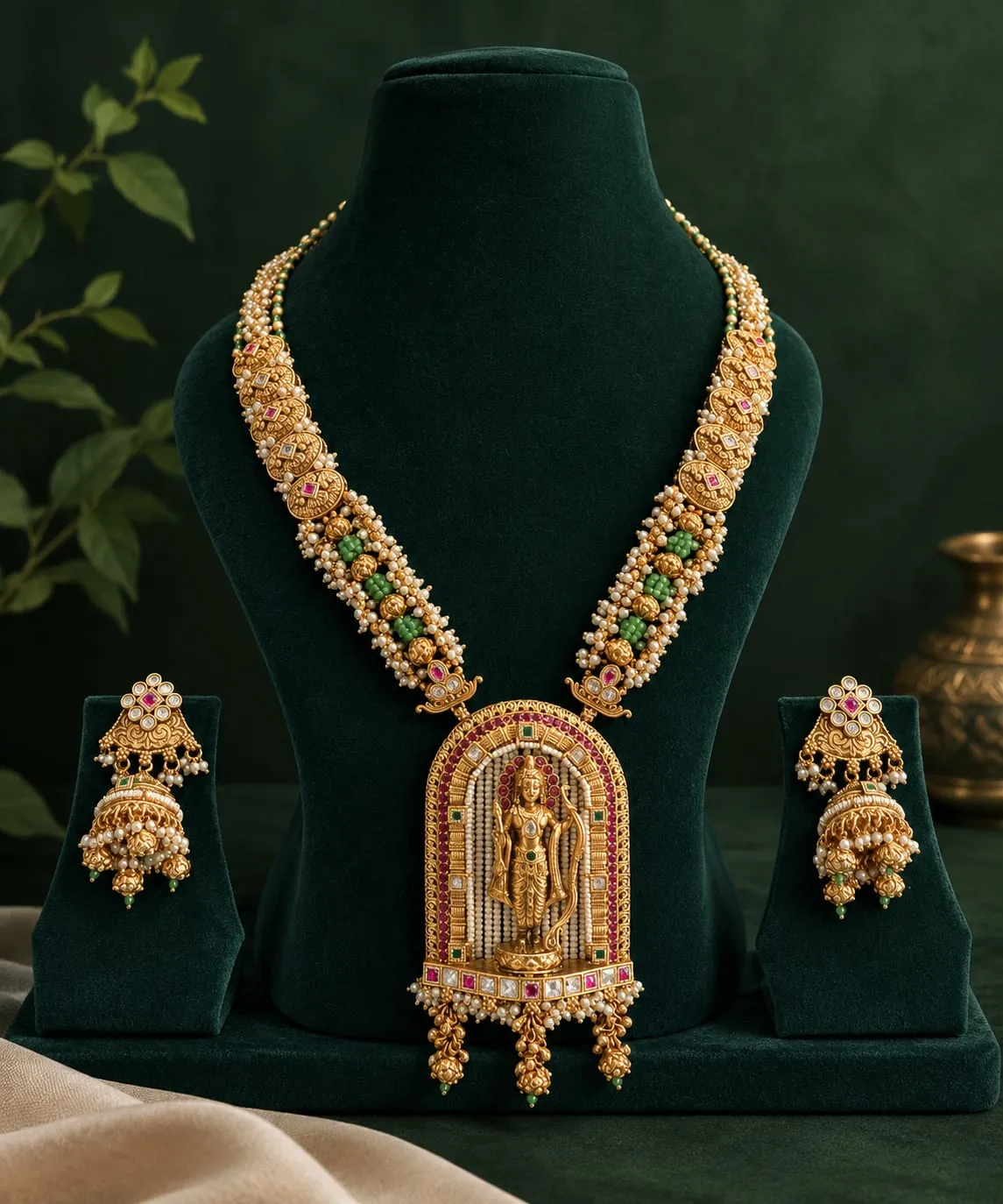 Shree Ram Jadau Necklace Set — Antique gold finish with intricate detailing, Kundan-style clear stones and green and red synthetic stones