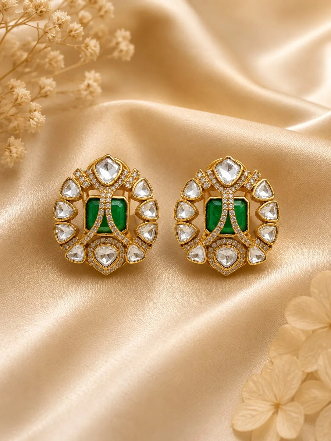 Temple Green Emerald CZ Earrings — Antique gold with oxidised detail, Synthetic emerald and polki/CZ stones