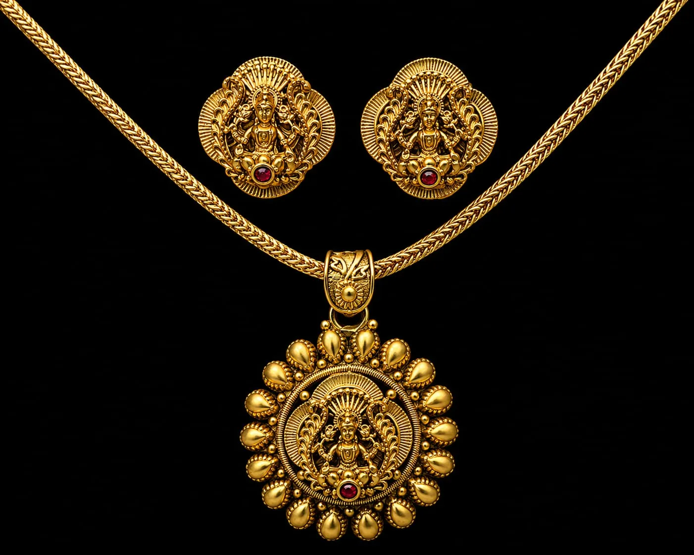 Temple Lakshmi Jhumkas — Antique gold with oxidised detail, Pearl and synthetic ruby