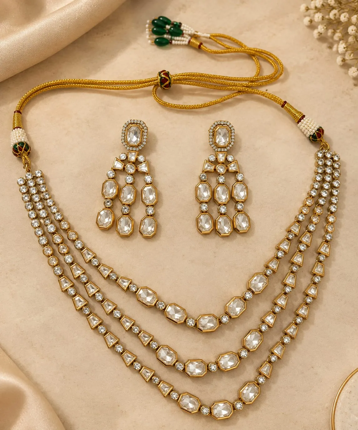 Triple Layered CZ Necklace Set — Gold finish with intricate detailing, Cubic zirconia (CZ) clear stones and green bead accents