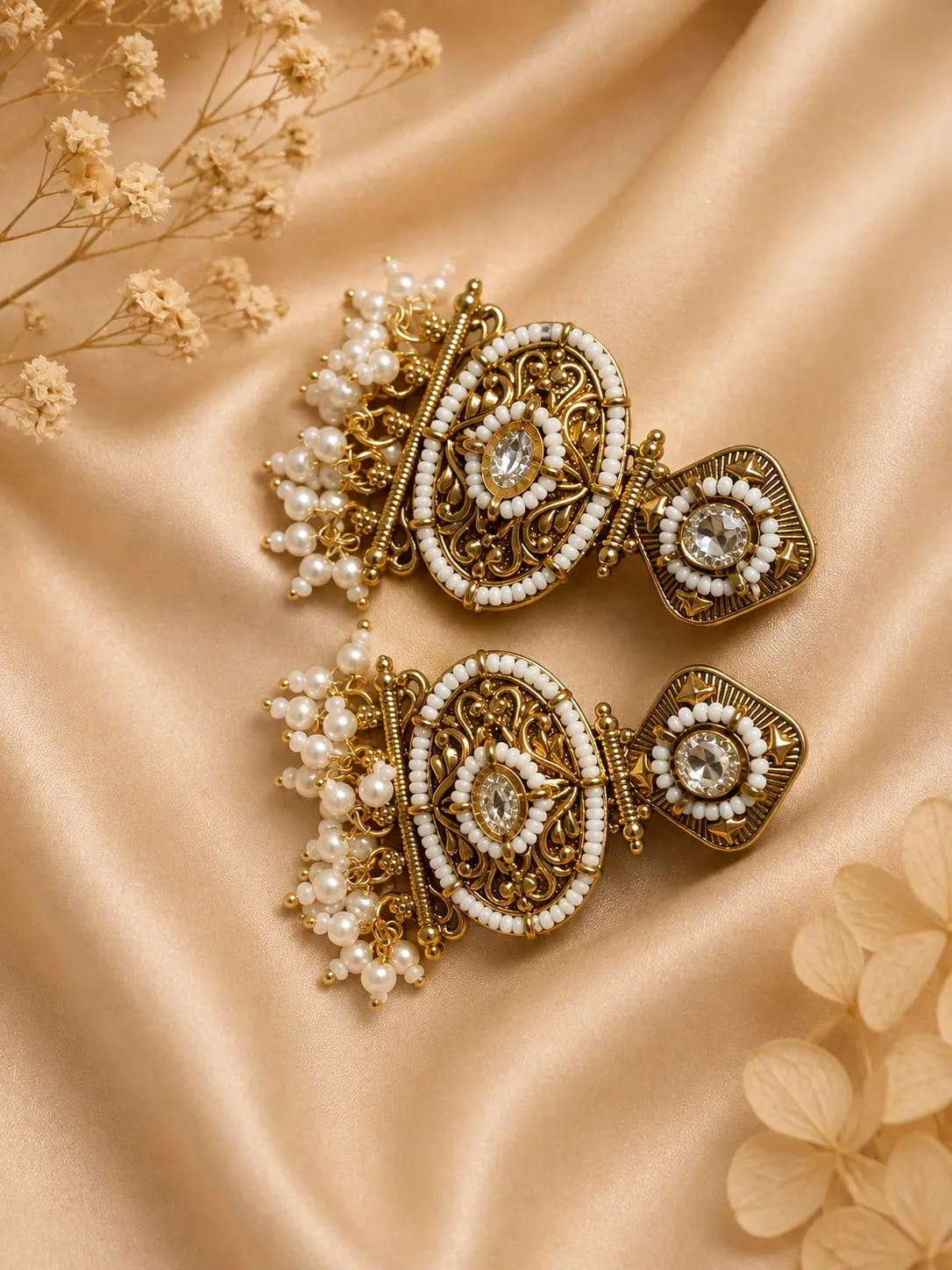 White Beaded Temple Earrings — Antique gold finish with intricate detailing, White beads and pearl-style beads and CZ stones and synthetic ruby